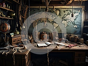 An old pirate\'s lair where we see an old sea map on the wall and equipment for adventurers