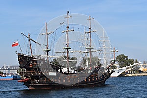 An old pirate ship sailing near sea-front in Gdynia