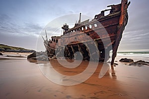 old pirate shipwreck washed ashore on a beach