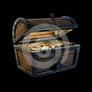 Old pirate treasure chest with golden coins