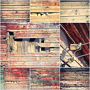 Old plank wooden wall background Collage of toned photos