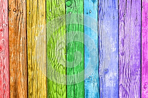 Old planks in the colors of the rainbow. Colorful wood background