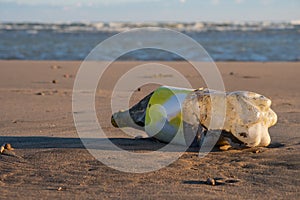 Old plastic bottles on a sandy beach.