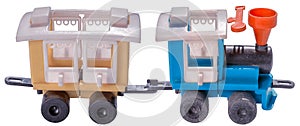 Old plastic toy train isolated