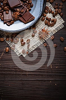 Old plate with coffee beans and chocolate
