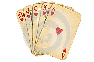 Old playing cards, royal flush on a white background