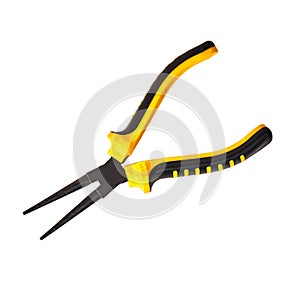 Old pliers with yellow handles isolated on white background