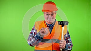 Old plumber with toilet plunger boast his lucrative job and doing thumbs up.