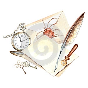 Old pocket watch, keys, letter with writing instruments. Template watercolor composition retro. Isolated illustration of