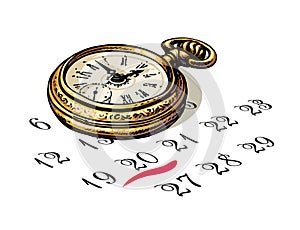 Old pocket watch is sitting on a calendar. Deadline concept. Time and planning. Vector.