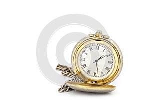 Old pocket watch on white background.