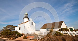 OLD POINT LOMA LIGHTHOUSE AT CABRILLO NATIONAL MONUMENT UNDER BLUE CIRRUS CLOUDS AT POINT LOMA SAN DIEGO CALIFORNIA US
