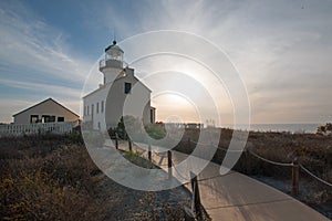OLD POINT LOMA LIGHTHOUSE UNDER BLUE CIRRUS CLOUDSCAPE AT POINT LOMA SAN DIEGO SOUTHERN CALIFORNIA USA