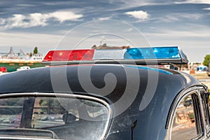 Old police car along Route 66, view of car top