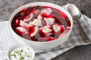 Old Polish beetroot borscht with traditional uszka dumplings stuffed with cabbage and mushrooms close-up in a bowl. Horizontal