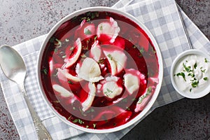 Old Polish beetroot borscht with traditional uszka dumplings stuffed with cabbage and mushrooms close-up in a bowl. Horizontal top