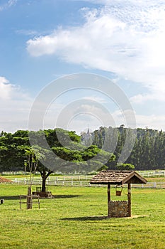 Old pond in farm with white cowboy fence