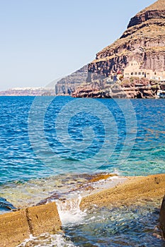 Old port Ammoudi of Oia village at Santorini island in Aegean sea, Greece