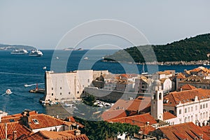 The old port harbor is porporela, near the walls of the old town of Dubrovnik, Croatia. View of the fort on the wall