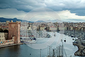Old Port of Marseille Also known as Vieux Port seen from Pharo hill during a spring rainy storm
