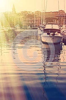 Old port of Marseille. Yacht in the morning sun.