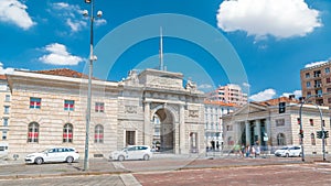 Old Porta Garibaldi monument arch timelapse hyperlapse and modern buildings of Porta Garibaldi, in Milan.