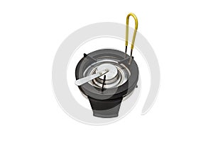 Old, portable gas burner with yellow handle, isolated on a white background with a clipping path.