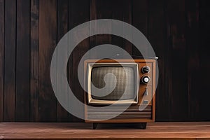 Old portable television. Wooden table and brown background. Concept of obsolescence