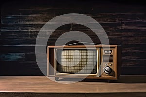 Old portable television. Wooden table and brown background. Concept of obsolescence