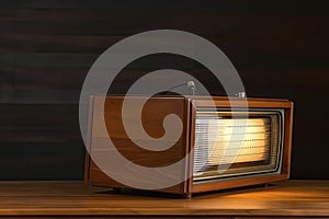 Old portable television. Wooden table and brown background. Concept of obsolescence