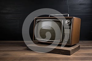 Old portable television. Wooden table and brown background. Concept of obsolescence