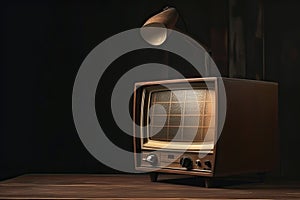 Old portable television. Wooden table and brown background. Concept of obsolescence