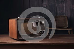 Old portable television. Wooden table and brown background. Concept of obsolescence