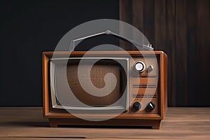 Old portable television. Wooden table and brown background. Concept of obsolescence