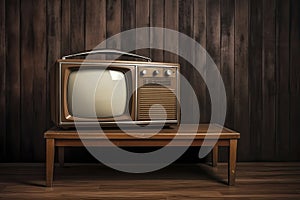 Old portable television. Wooden table and brown background. Concept of obsolescence