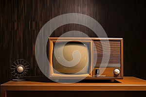 Old portable television. Wooden table and brown background. Concept of obsolescence