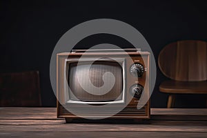 Old portable television. Wooden table and brown background. Concept of obsolescence