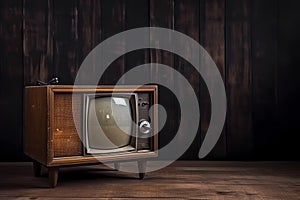 Old portable television. Wooden table and brown background. Concept of obsolescence