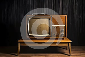 Old portable television. Wooden table and brown background. Concept of obsolescence