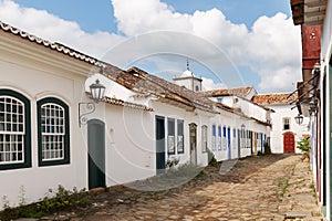 Old portuguese colonial houses and church in historic downtown o