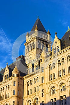 Old Post Office Building in Washington DC at sunset.