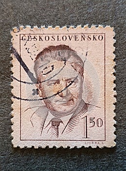 Old postage stamp from Czechoslovakia in 1952 shows Klement Gottwald