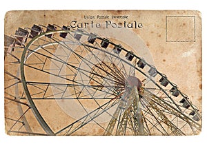 An old postcard with a big Ferris wheel.
