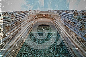 Old postcard with fish eye view at Milan Cathedral