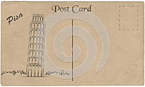 Old postcard from Italy with painted Leaning Tower of Pisa. Stylization.