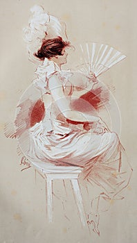 The old poster of cute woman in a old fashioned dress in the vintage book Les Maitres de L`Affiche, by Roger Marx, 1897