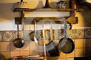 Old pots and pans in a farmhouse kitchen, farmhouse parlor