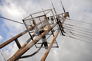 Old power lines on a wooden pole