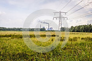 Old power plant fired by coal with high voltages lines