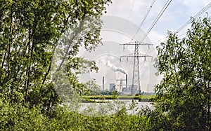 Old power plant fired by coal with high voltages lines